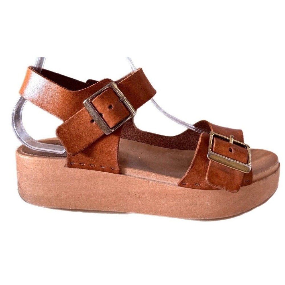 Bryr Brown Leather Slingback Wedge Sandals Ankle Strap Women’s Size 8 Eu 39